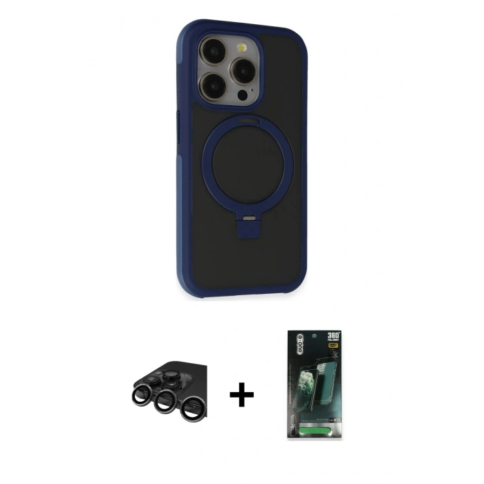 MARSİLYAN™- iPhone 15 Pro Max Kılıf Ahenk Yansıma Özel Seri - Siyah 360 Mat Full Body Arka Koruyucu + Raze Metal Kamera Lens - TMGI