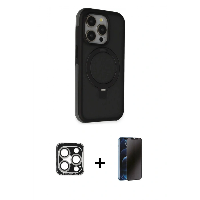 MARSİLYAN™- iPhone 15 Pro Max Kılıf Ahenk Yansıma Özel Seri - Siyah 3D Antistatik Hayalet Cam Ekran Koruyucu + PVD Metal Kamera Lens - GS