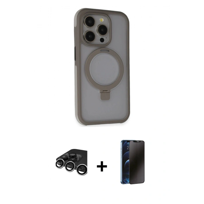MARSİLYAN™- iPhone 15 Pro Max Kılıf Ahenk Yansıma Özel Seri - Siyah 3D Antistatik Hayalet Cam Ekran Koruyucu + Raze Metal Kamera Lens - GS