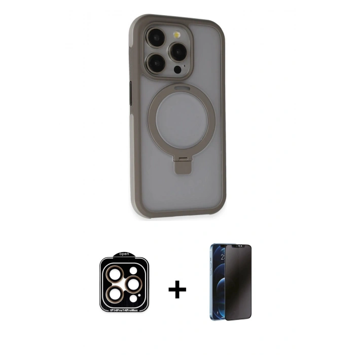 MARSİLYAN™- iPhone 15 Pro Max Kılıf Ahenk Yansıma Özel Seri - Siyah 3D Antistatik Hayalet Cam Ekran Koruyucu + PVD Metal Kamera Lens - TU