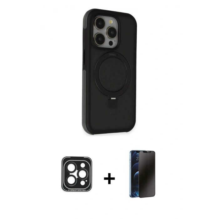 MARSİLYAN™- iPhone 15 Pro Max Kılıf Ahenk Yansıma Özel Seri - Siyah 3D Antistatik Hayalet Cam Ekran Koruyucu + Siyah PVD Metal Kamera Lens
