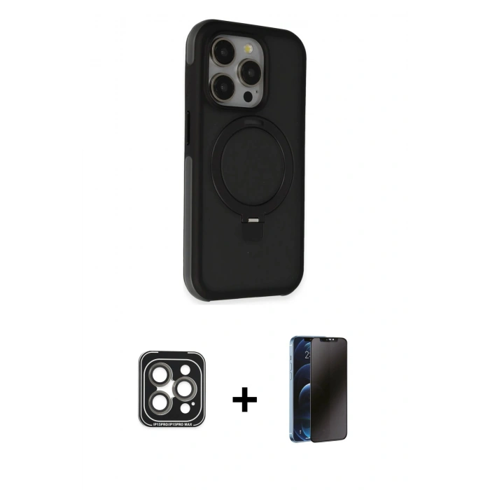 MARSİLYAN™- iPhone 15 Pro Max Kılıf Ahenk Yansıma Özel Seri - Siyah 3D Antistatik Hayalet Cam Ekran Koruyucu + PVD Metal Kamera Lens - GI