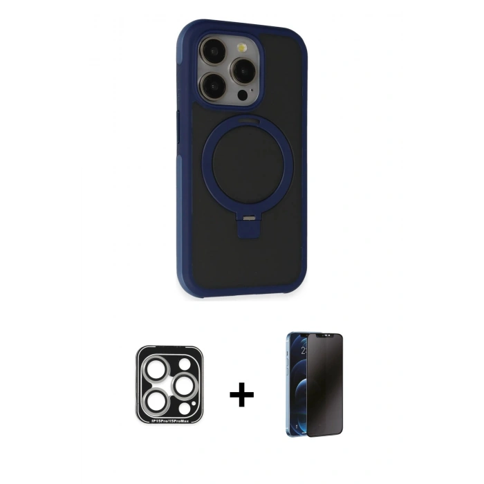 MARSİLYAN™- iPhone 15 Pro Max Kılıf Ahenk Yansıma Özel Seri - Siyah 3D Antistatik Hayalet Cam Ekran Koruyucu + PVD Metal Kamera Lens - GS