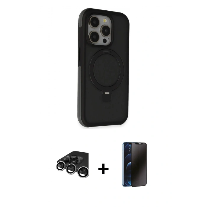 MARSİLYAN™- iPhone 15 Pro Max Kılıf Ahenk Yansıma Özel Seri - Siyah 3D Antistatik Hayalet Cam Ekran Koruyucu + Raze Metal Kamera Lens - GS
