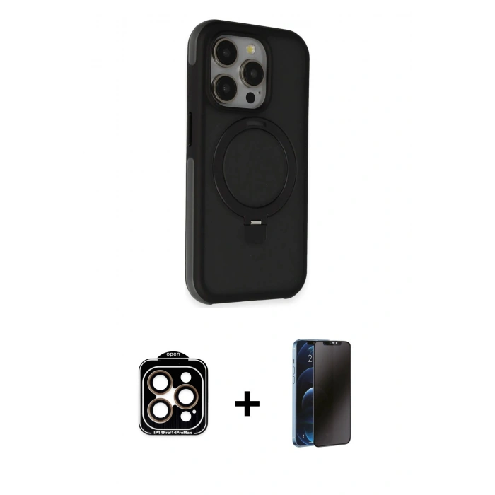 MARSİLYAN™- iPhone 15 Pro Max Kılıf Ahenk Yansıma Özel Seri - Siyah 3D Antistatik Hayalet Cam Ekran Koruyucu + PVD Metal Kamera Lens - TU