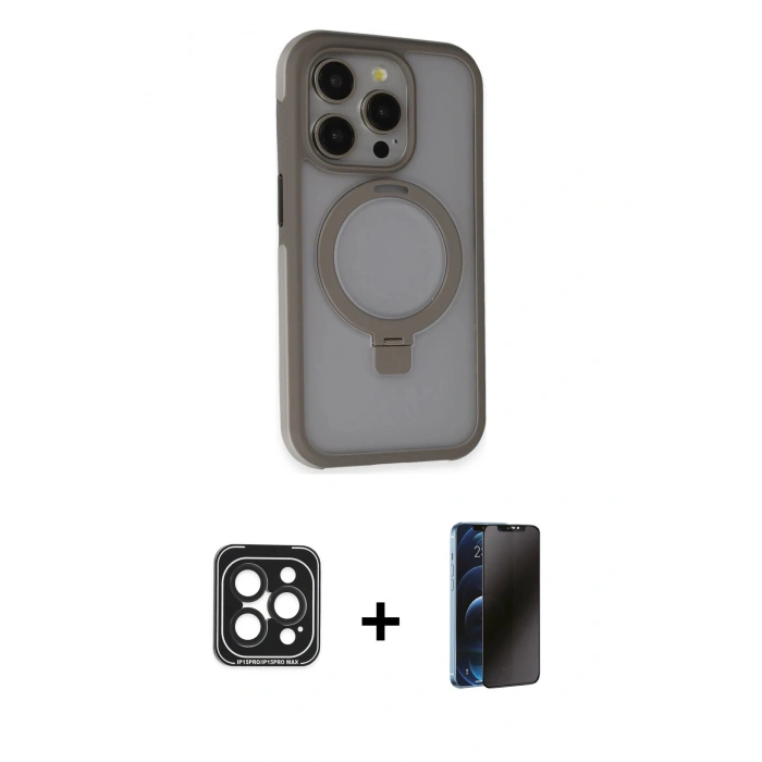 MARSİLYAN™- iPhone 15 Pro Max Kılıf Ahenk Yansıma Özel Seri - Siyah 3D Antistatik Hayalet Cam Ekran Koruyucu + Siyah PVD Metal Kamera Lens