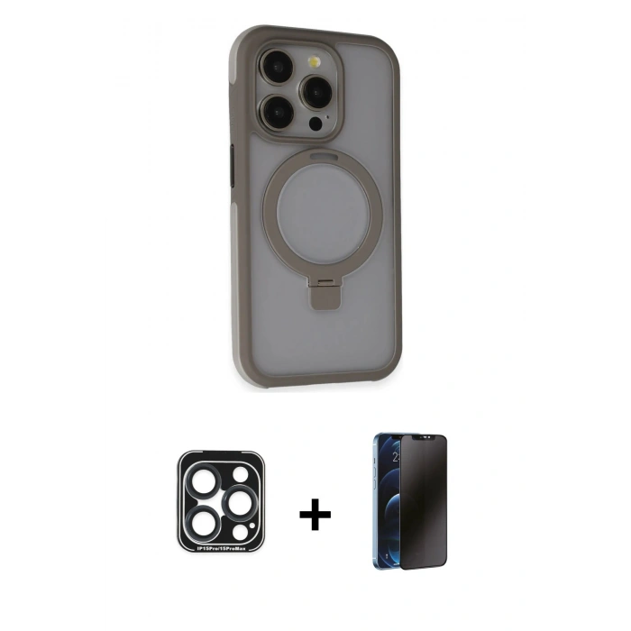 MARSİLYAN™- iPhone 15 Pro Max Kılıf Ahenk Yansıma Özel Seri - Siyah 3D Antistatik Hayalet Cam Ekran Koruyucu + PVD Metal Kamera Lens - LT