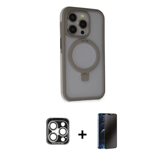 MARSİLYAN™- iPhone 15 Pro Max Kılıf Ahenk Yansıma Özel Seri - Siyah 3D Antistatik Hayalet Cam Ekran Koruyucu + PVD Metal Kamera Lens - GS