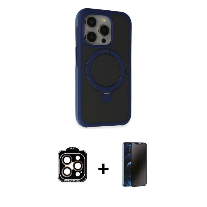 MARSİLYAN™- iPhone 15 Pro Max Kılıf Ahenk Yansıma Özel Seri - Siyah 3D Antistatik Hayalet Cam Ekran Koruyucu + PVD Metal Kamera Lens - TU