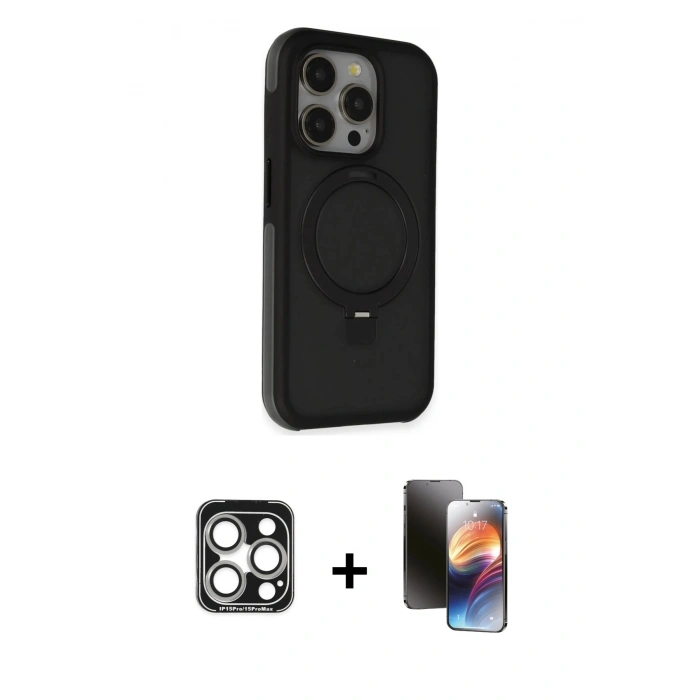 MARSİLYAN™- iPhone 15 Pro Max Kılıf Ahenk Yansıma Özel Seri - Siyah 3D Antistatik Mat Seramik Nano Ekran Koruyucu + PVD Metal Kamera Lens - GS
