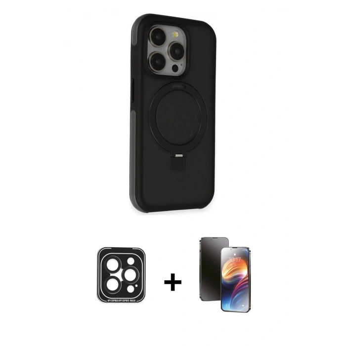 MARSİLYAN™- iPhone 15 Pro Max Kılıf Ahenk Yansıma Özel Seri - Siyah 3D Antistatik Mat Seramik Nano Ekran Koruyucu + Siyah PVD Metal Kamera Lens