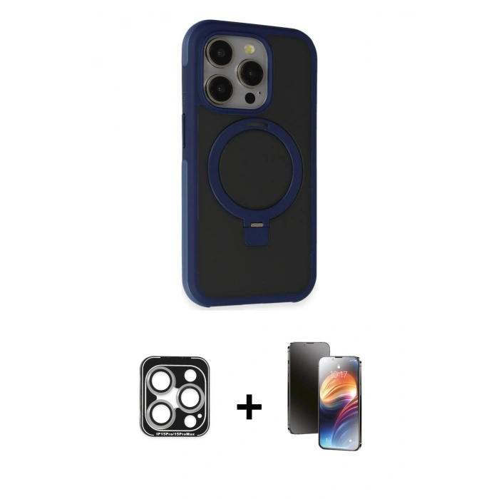 MARSİLYAN™- iPhone 15 Pro Max Kılıf Ahenk Yansıma Özel Seri - Siyah 3D Antistatik Mat Seramik Nano Ekran Koruyucu + PVD Metal Kamera Lens - GS
