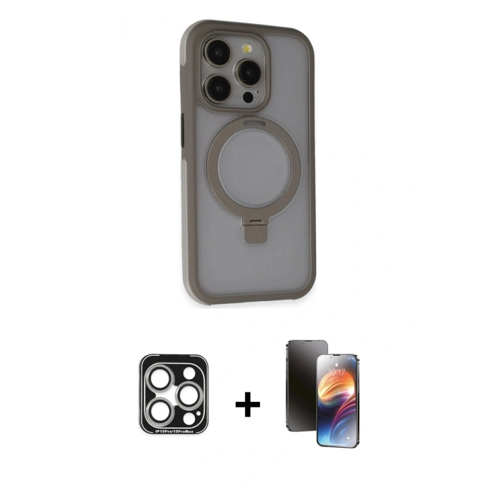 MARSİLYAN™- iPhone 15 Pro Max Kılıf Ahenk Yansıma Özel Seri - Siyah 3D Antistatik Mat Seramik Nano Ekran Koruyucu + PVD Metal Kamera Lens - GS