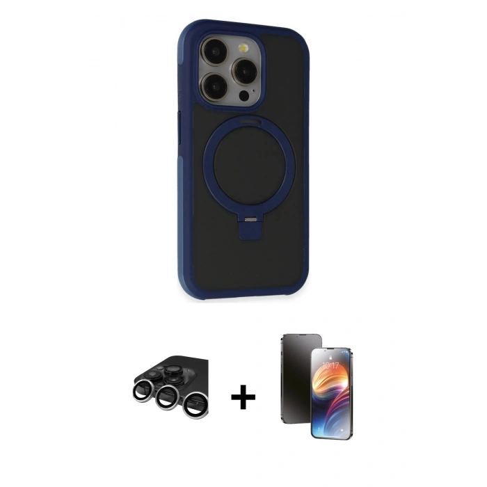 MARSİLYAN™- iPhone 15 Pro Max Kılıf Ahenk Yansıma Özel Seri - Siyah 3D Antistatik Mat Seramik Nano Ekran Koruyucu + Raze Metal Kamera Lens - GS