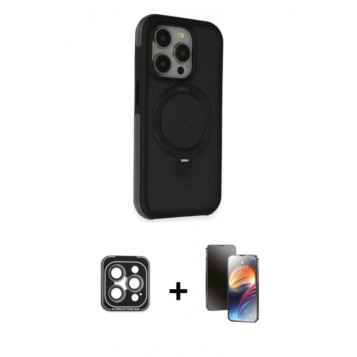 MARSİLYAN™- iPhone 15 Pro Max Kılıf Ahenk Yansıma Özel Seri - Siyah 3D Antistatik Mat Seramik Nano Ekran Koruyucu + PVD Metal Kamera Lens - GI