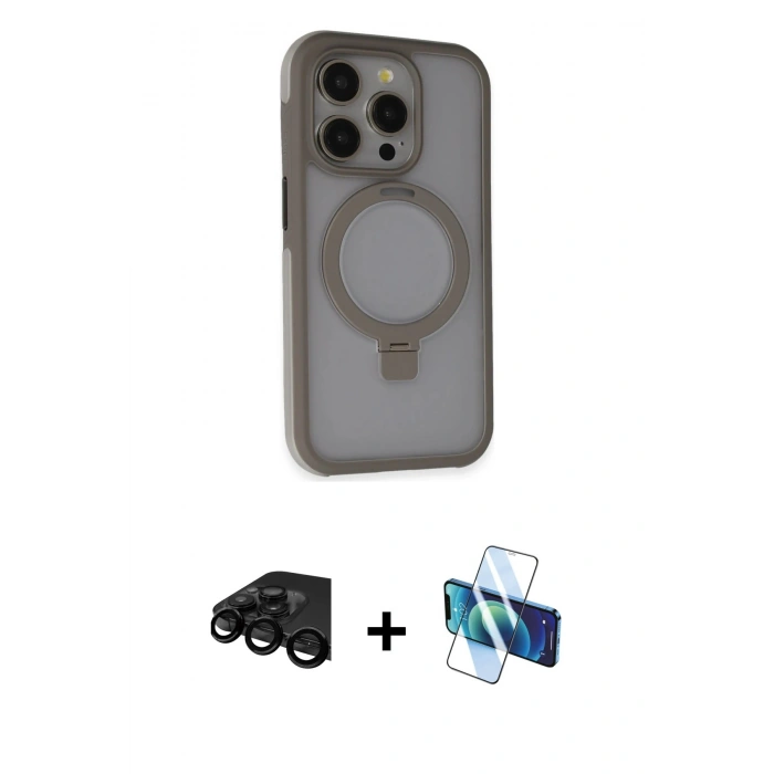 MARSİLYAN™- iPhone 15 Pro Max Kılıf Ahenk Yansıma Özel Seri - Siyah 3D Antistatik Seramik Nano Ekran Koruyucu + Siyah Raze Metal Kamera Lens