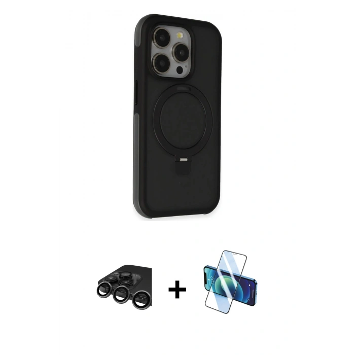MARSİLYAN™- iPhone 15 Pro Max Kılıf Ahenk Yansıma Özel Seri - Siyah 3D Antistatik Seramik Nano Ekran Koruyucu + Raze Metal Kamera Lens - TMGI