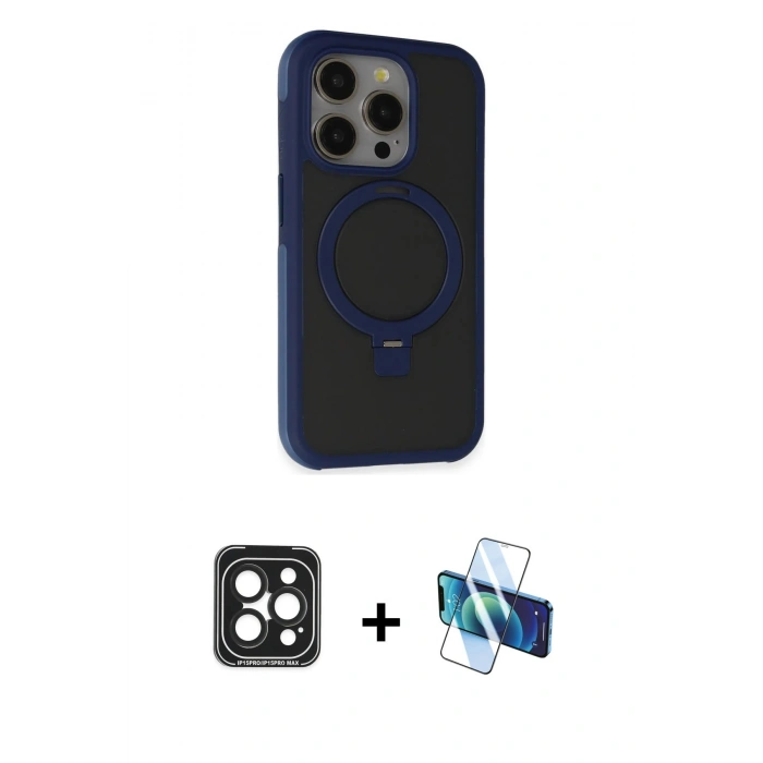 MARSİLYAN™- iPhone 15 Pro Max Kılıf Ahenk Yansıma Özel Seri - Siyah 3D Antistatik Seramik Nano Ekran Koruyucu + Siyah PVD Metal Kamera Lens