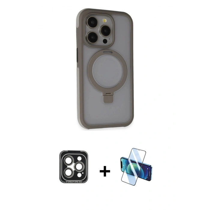 MARSİLYAN™- iPhone 15 Pro Max Kılıf Ahenk Yansıma Özel Seri - Siyah 3D Antistatik Seramik Nano Ekran Koruyucu + Gri PVD Metal Kamera Lens