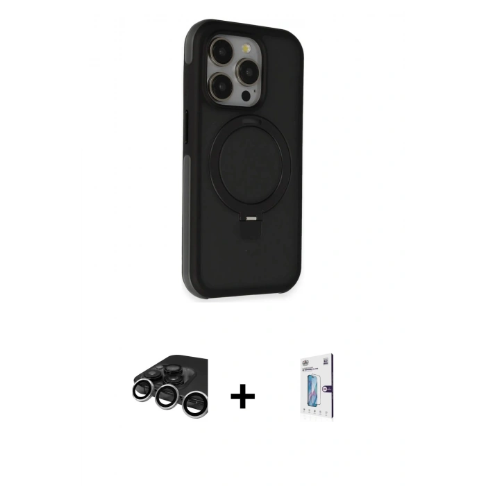 MARSİLYAN™- iPhone 15 Pro Max Kılıf Ahenk Yansıma Özel Seri - Siyah Bilvis 0.18mm Plus Cam Ekran Koruyucu + Gümüş Raze Metal Kamera Lens