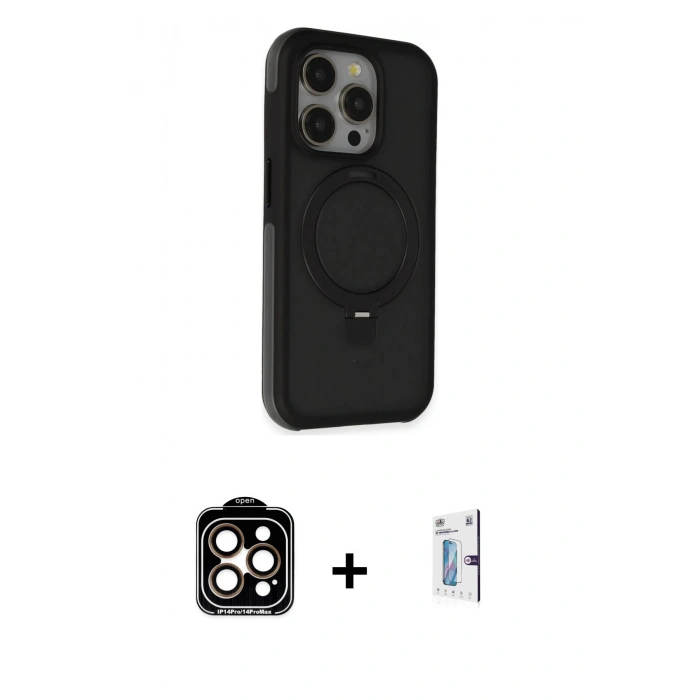 MARSİLYAN™- iPhone 15 Pro Max Kılıf Ahenk Yansıma Özel Seri - Siyah Bilvis 0.18mm Plus Cam Ekran Koruyucu + PVD Metal Kamera Lens - TU