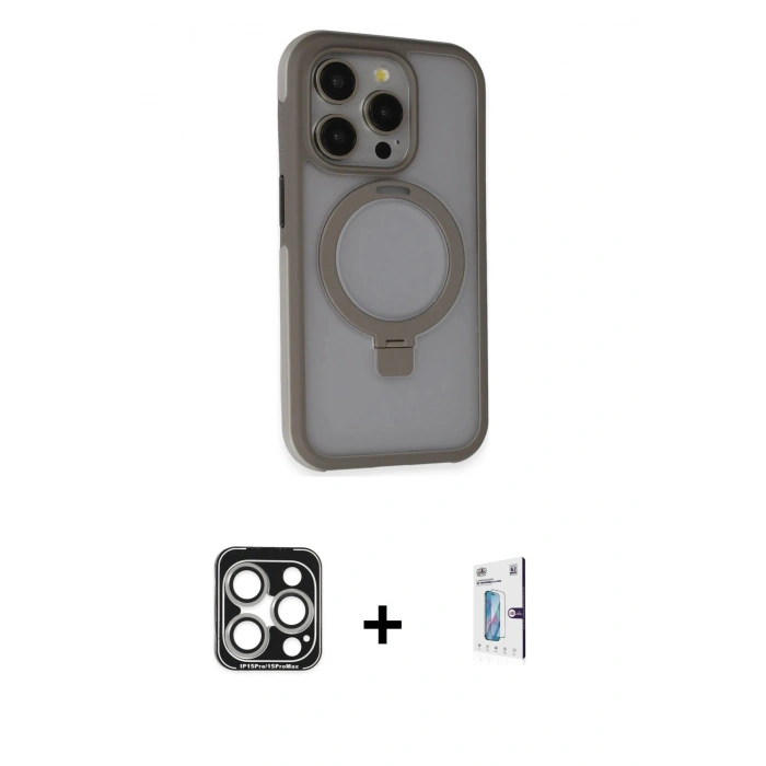MARSİLYAN™- iPhone 15 Pro Max Kılıf Ahenk Yansıma Özel Seri - Siyah Bilvis 0.18mm Plus Cam Ekran Koruyucu + PVD Metal Kamera Lens - GS