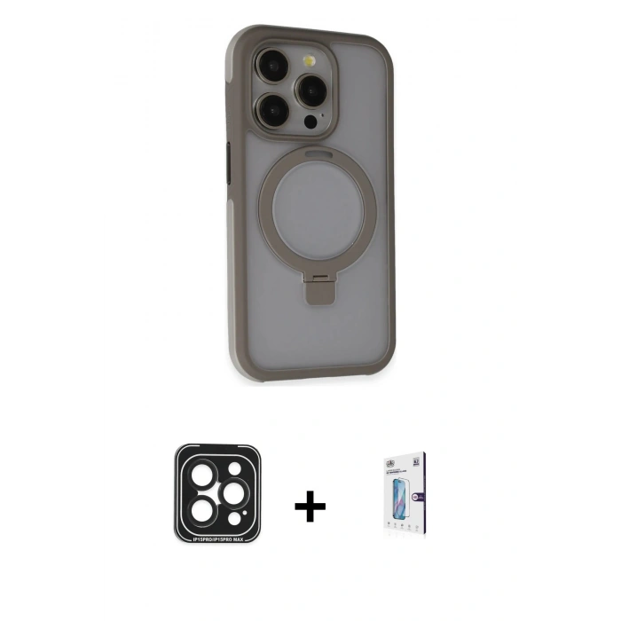 MARSİLYAN™- iPhone 15 Pro Max Kılıf Ahenk Yansıma Özel Seri - Siyah Bilvis 0.18mm Plus Cam Ekran Koruyucu + Siyah PVD Metal Kamera Lens