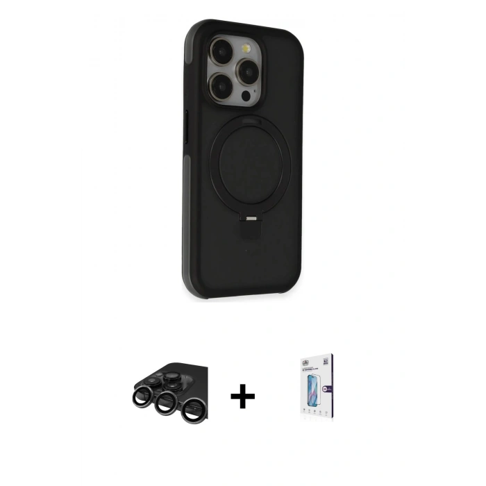 MARSİLYAN™- iPhone 15 Pro Max Kılıf Ahenk Yansıma Özel Seri - Siyah Bilvis 0.18mm Plus Cam Ekran Koruyucu + Titanyum Gri Raze Metal Kamera Lens