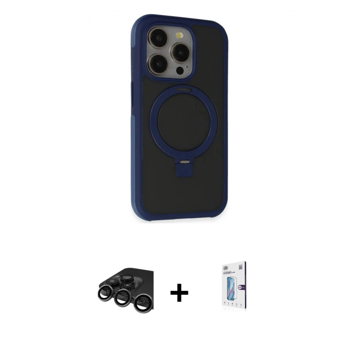MARSİLYAN™- iPhone 15 Pro Max Kılıf Ahenk Yansıma Özel Seri - Siyah Bilvis 0.18mm Plus Cam Ekran Koruyucu + Titanyum Gri Raze Metal Kamera Lens