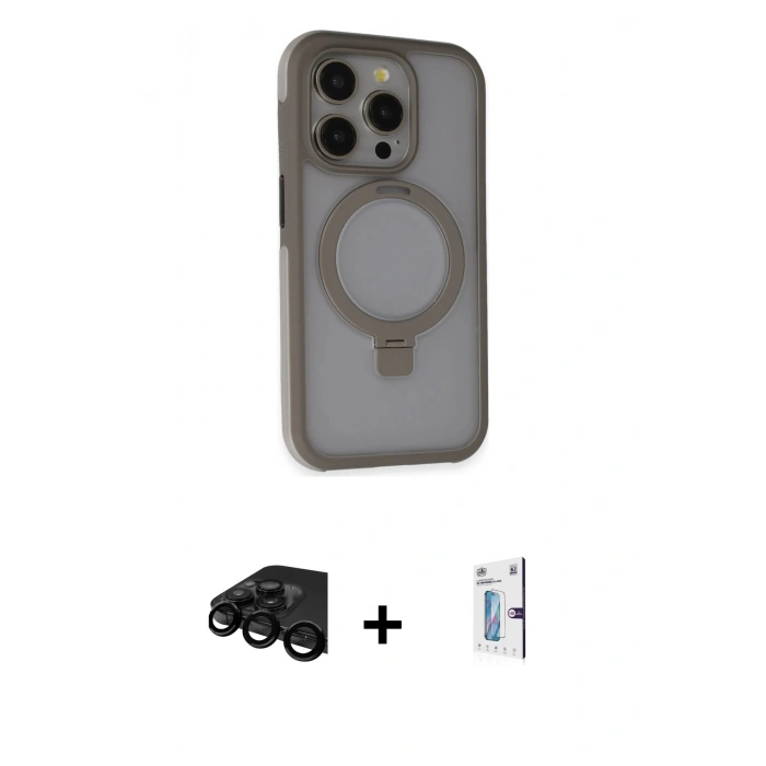 MARSİLYAN™- iPhone 15 Pro Max Kılıf Ahenk Yansıma Özel Seri - Siyah Bilvis 0.18mm Plus Cam Ekran Koruyucu + Siyah Raze Metal Kamera Lens
