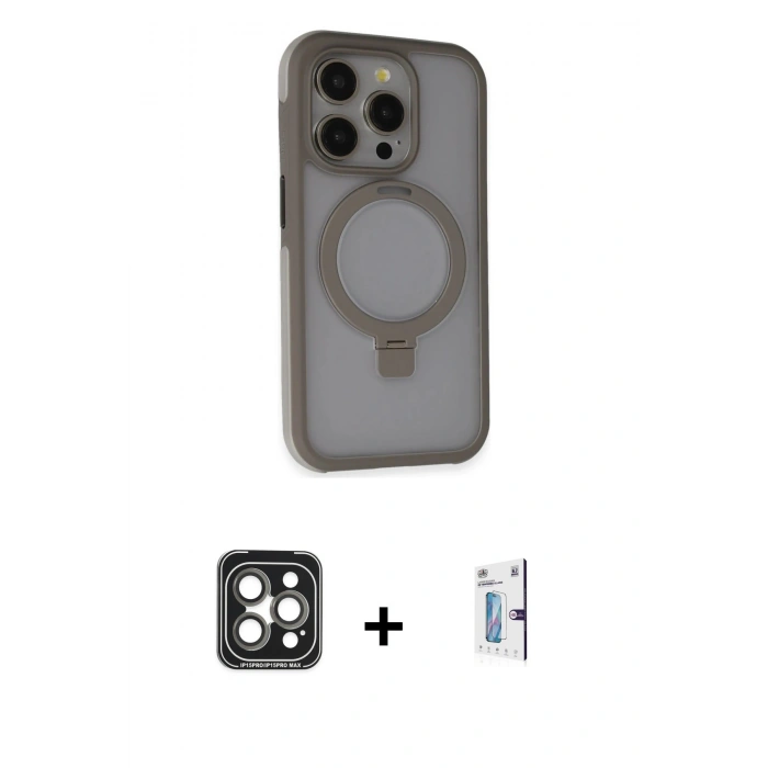 MARSİLYAN™- iPhone 15 Pro Max Kılıf Ahenk Yansıma Özel Seri - Siyah Bilvis 0.18mm Plus Cam Ekran Koruyucu + PVD Metal Kamera Lens - GI