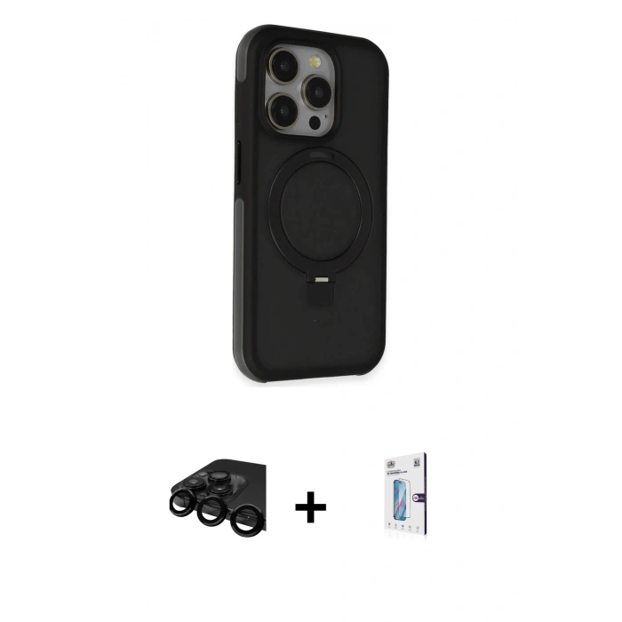 MARSİLYAN™- iPhone 15 Pro Max Kılıf Ahenk Yansıma Özel Seri - Siyah Bilvis 0.18mm Plus Cam Ekran Koruyucu + Siyah Raze Metal Kamera Lens