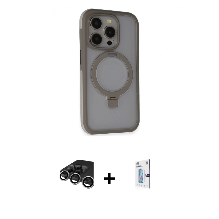 MARSİLYAN™- iPhone 15 Pro Max Kılıf Ahenk Yansıma Özel Seri - Siyah Bilvis 0.18mm Plus Cam Ekran Koruyucu + Gümüş Raze Metal Kamera Lens