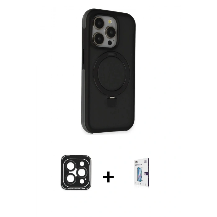 MARSİLYAN™- iPhone 15 Pro Max Kılıf Ahenk Yansıma Özel Seri - Siyah Bilvis 0.18mm Plus Cam Ekran Koruyucu + PVD Metal Kamera Lens - SH