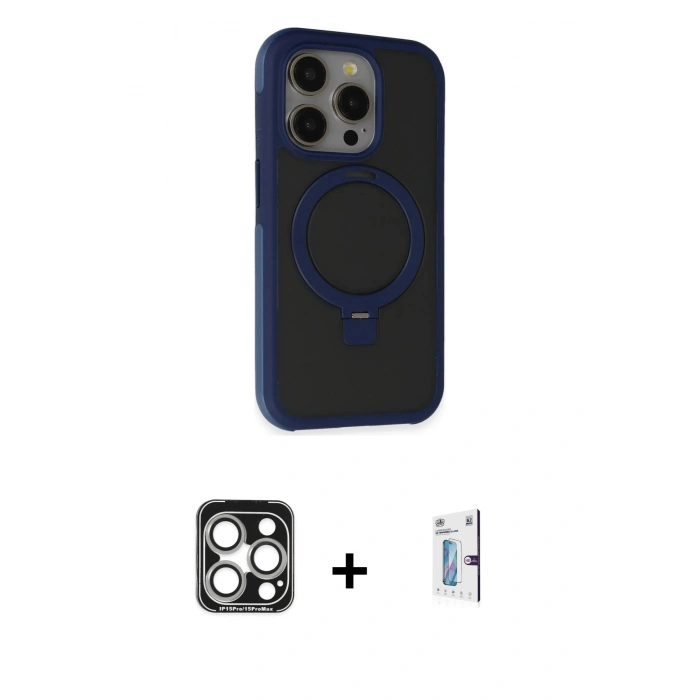 MARSİLYAN™- iPhone 15 Pro Max Kılıf Ahenk Yansıma Özel Seri - Siyah Bilvis 0.18mm Plus Cam Ekran Koruyucu + PVD Metal Kamera Lens - GS