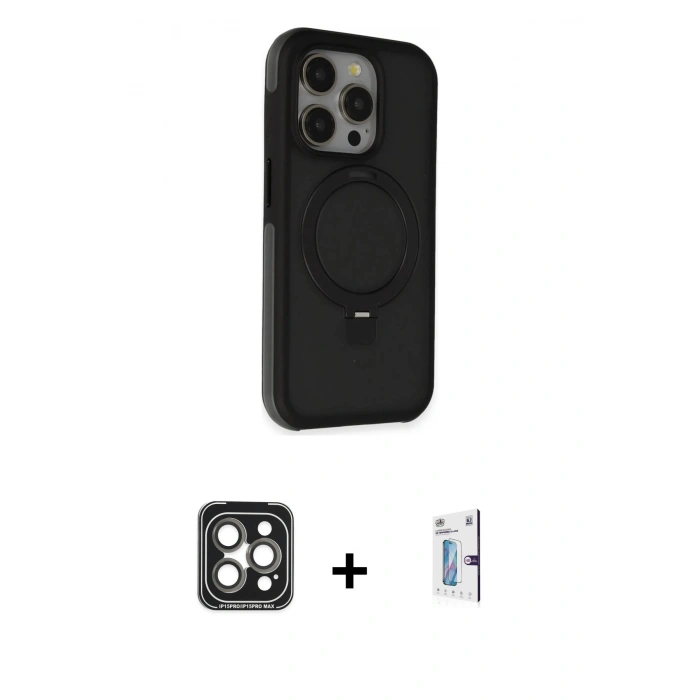 MARSİLYAN™- iPhone 15 Pro Max Kılıf Ahenk Yansıma Özel Seri - Siyah Bilvis 0.18mm Plus Cam Ekran Koruyucu + PVD Metal Kamera Lens - GI