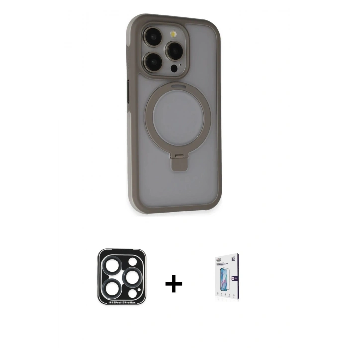 MARSİLYAN™- iPhone 15 Pro Max Kılıf Ahenk Yansıma Özel Seri - Siyah Bilvis 0.18mm Plus Cam Ekran Koruyucu + PVD Metal Kamera Lens - LT