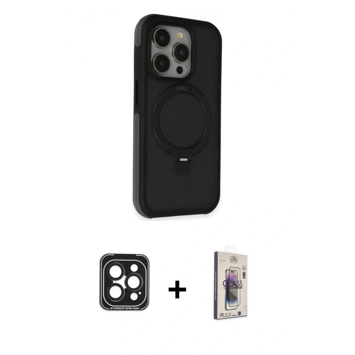 MARSİLYAN™- iPhone 15 Pro Max Kılıf Ahenk Yansıma Özel Seri - Siyah Bilvis 3D Cam Ekran Koruyucu + PVD Metal Kamera Lens - SH