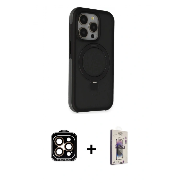 MARSİLYAN™- iPhone 15 Pro Max Kılıf Ahenk Yansıma Özel Seri - Siyah Bilvis 3D Cam Ekran Koruyucu + PVD Metal Kamera Lens - TU