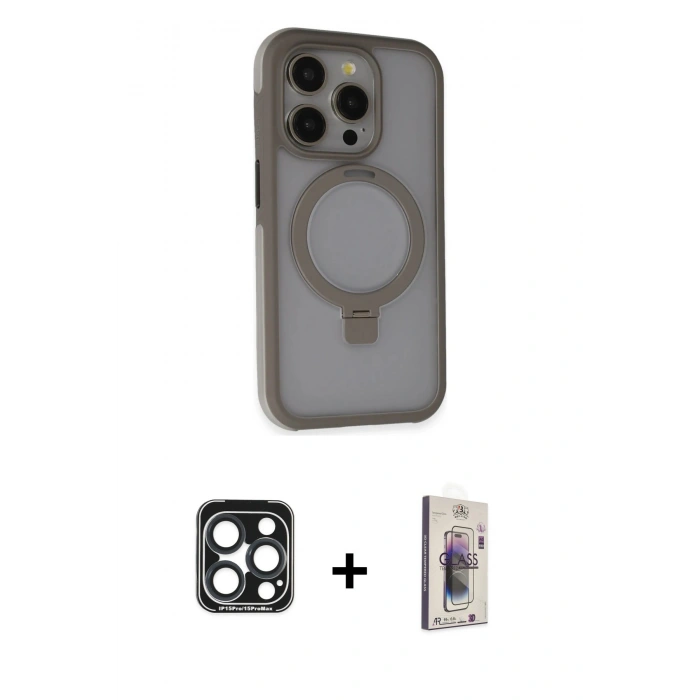 MARSİLYAN™- iPhone 15 Pro Max Kılıf Ahenk Yansıma Özel Seri - Siyah Bilvis 3D Cam Ekran Koruyucu + PVD Metal Kamera Lens - LT