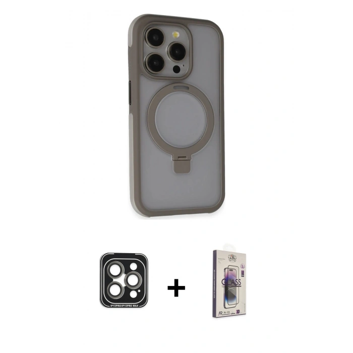 MARSİLYAN™- iPhone 15 Pro Max Kılıf Ahenk Yansıma Özel Seri - Siyah Bilvis 3D Cam Ekran Koruyucu + PVD Metal Kamera Lens - GI