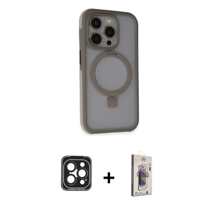 MARSİLYAN™- iPhone 15 Pro Max Kılıf Ahenk Yansıma Özel Seri - Siyah Bilvis 3D Cam Ekran Koruyucu + PVD Metal Kamera Lens - SH