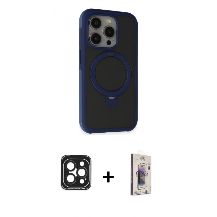 MARSİLYAN™- iPhone 15 Pro Max Kılıf Ahenk Yansıma Özel Seri - Siyah Bilvis 3D Cam Ekran Koruyucu + PVD Metal Kamera Lens - SH