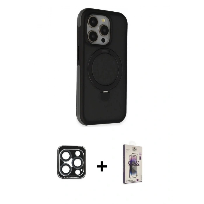 MARSİLYAN™- iPhone 15 Pro Max Kılıf Ahenk Yansıma Özel Seri - Siyah Bilvis 3D Cam Ekran Koruyucu + PVD Metal Kamera Lens - LT