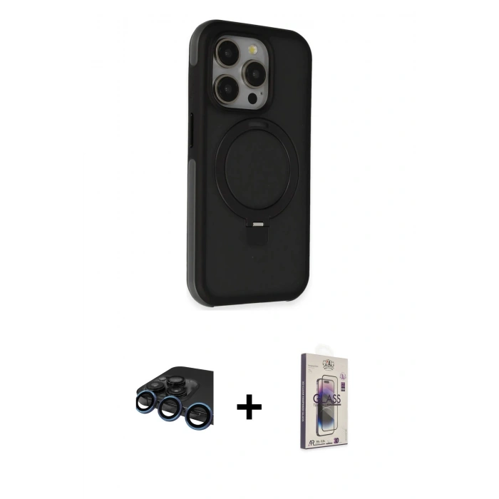 MARSİLYAN™- iPhone 15 Pro Max Kılıf Ahenk Yansıma Özel Seri - Siyah Bilvis 3D Cam Ekran Koruyucu + Raze Metal Kamera Lens - LT