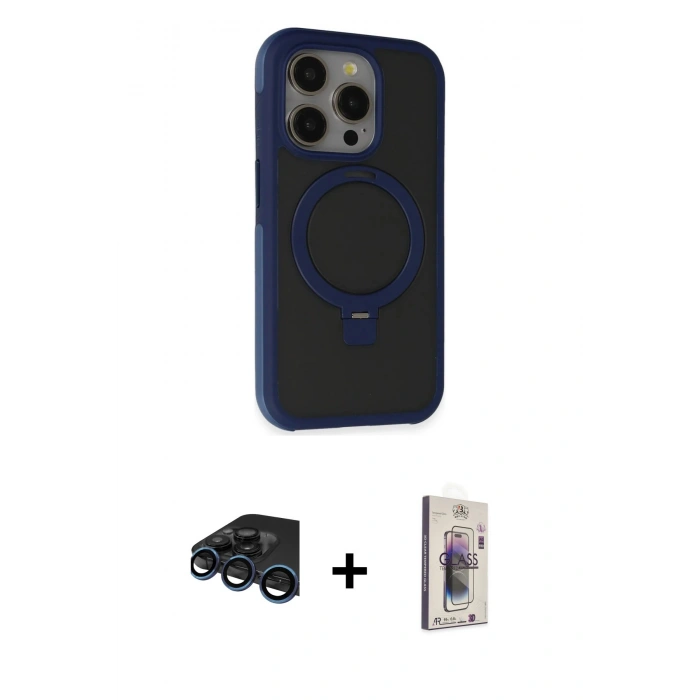 MARSİLYAN™- iPhone 15 Pro Max Kılıf Ahenk Yansıma Özel Seri - Siyah Bilvis 3D Cam Ekran Koruyucu + Raze Metal Kamera Lens - LT