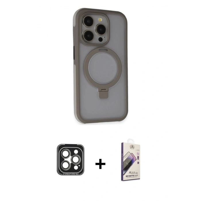 MARSİLYAN™- iPhone 15 Pro Max Kılıf Ahenk Yansıma Özel Seri - Siyah Bilvis 3D Mat Cam Ekran Koruyucu + Gri PVD Metal Kamera Lens