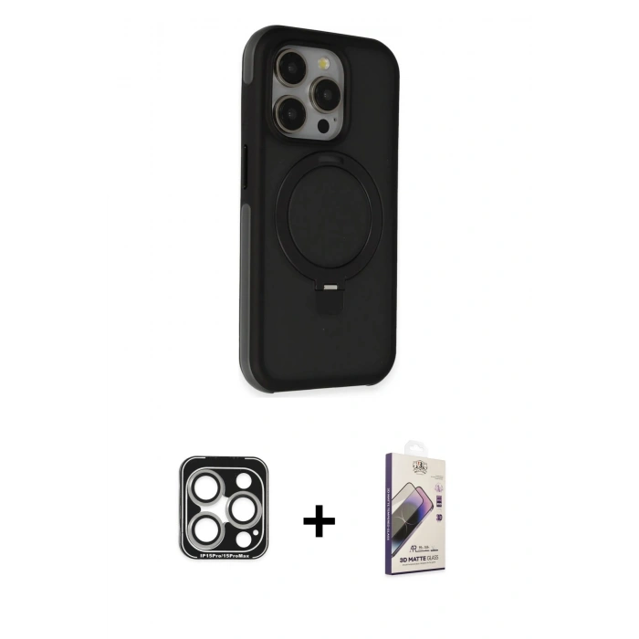 MARSİLYAN™- iPhone 15 Pro Max Kılıf Ahenk Yansıma Özel Seri - Siyah Bilvis 3D Mat Cam Ekran Koruyucu + PVD Metal Kamera Lens - GS