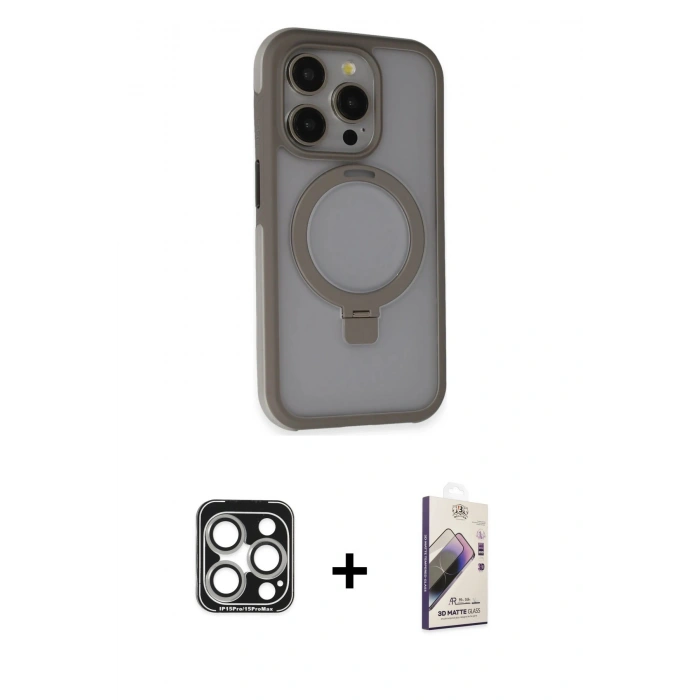 MARSİLYAN™- iPhone 15 Pro Max Kılıf Ahenk Yansıma Özel Seri - Siyah Bilvis 3D Mat Cam Ekran Koruyucu + PVD Metal Kamera Lens - GS
