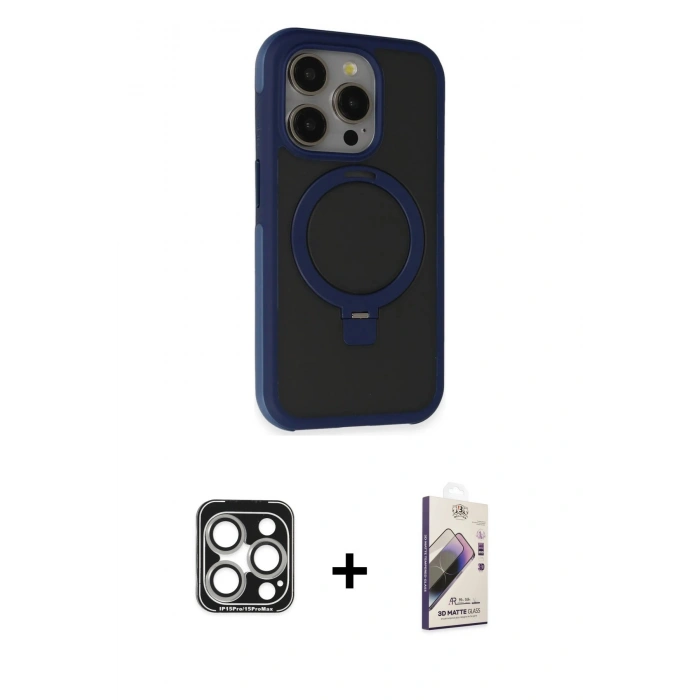 MARSİLYAN™- iPhone 15 Pro Max Kılıf Ahenk Yansıma Özel Seri - Siyah Bilvis 3D Mat Cam Ekran Koruyucu + PVD Metal Kamera Lens - GS